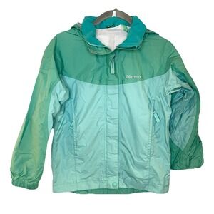 Marmot Youth sz Small rain jacket lightweight water resistant  Green Zip Hooded
